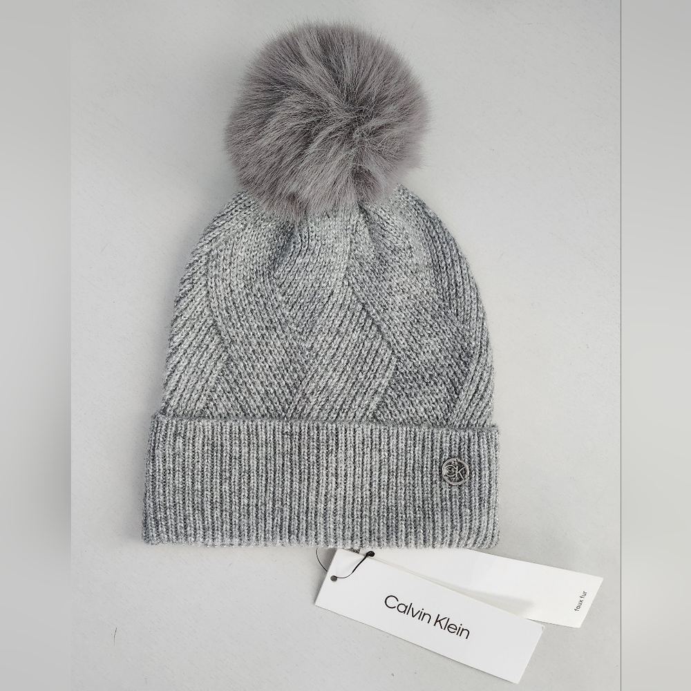 Calvin Klein Grey Knit Pom-Pom Beanie